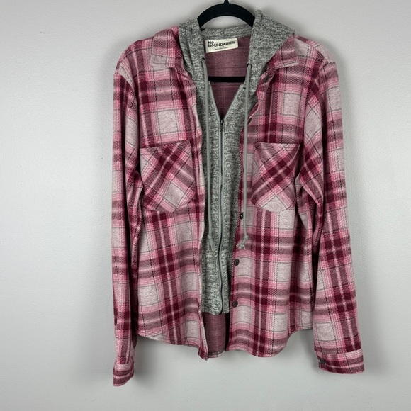 No Boundaries Pink & Gray Plaid Hooded Button & Zip Flannel Shirt Size Large - Picture 2 of 15